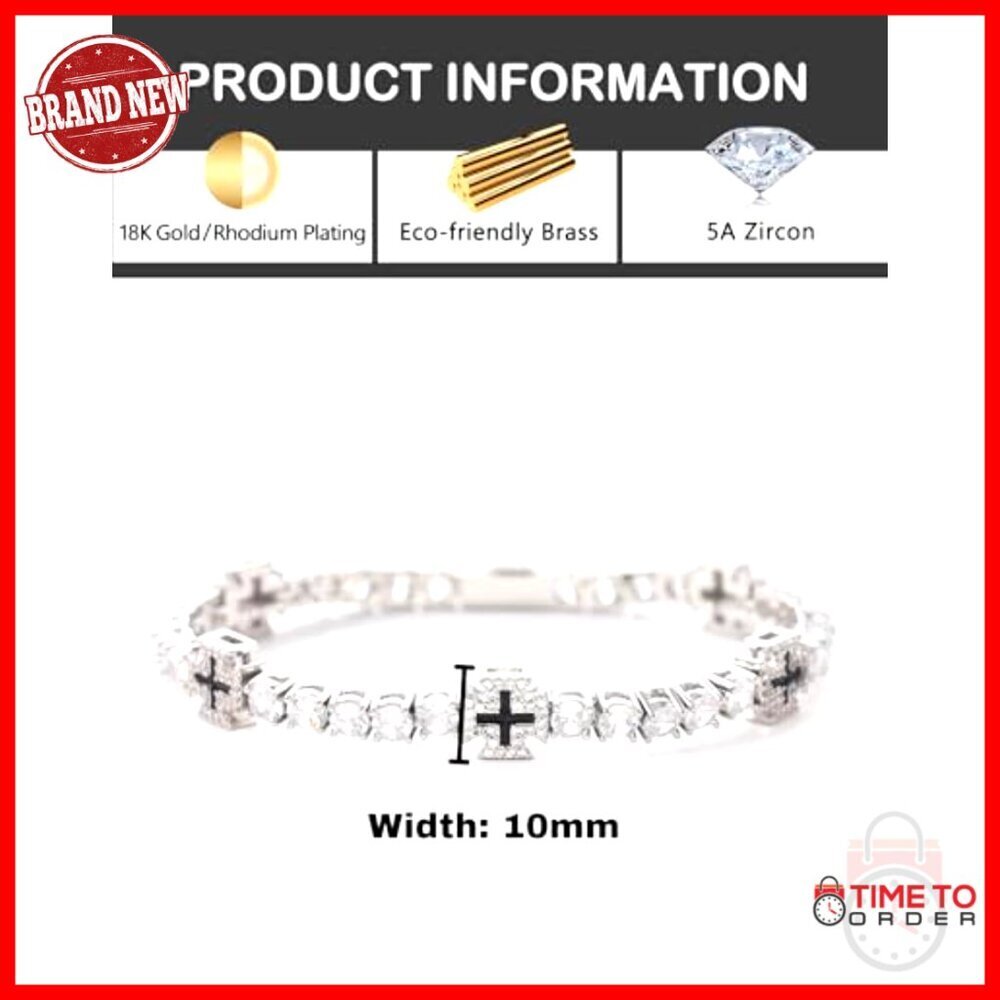 Unisex White Gold Plated Tennis Bracelet with Cross Design 7 Inch - Picture 5 of 7